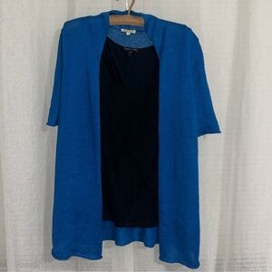 Eileen Fisher M Azure Blue Open Front Knit Short Sleeve Linen Cardigan